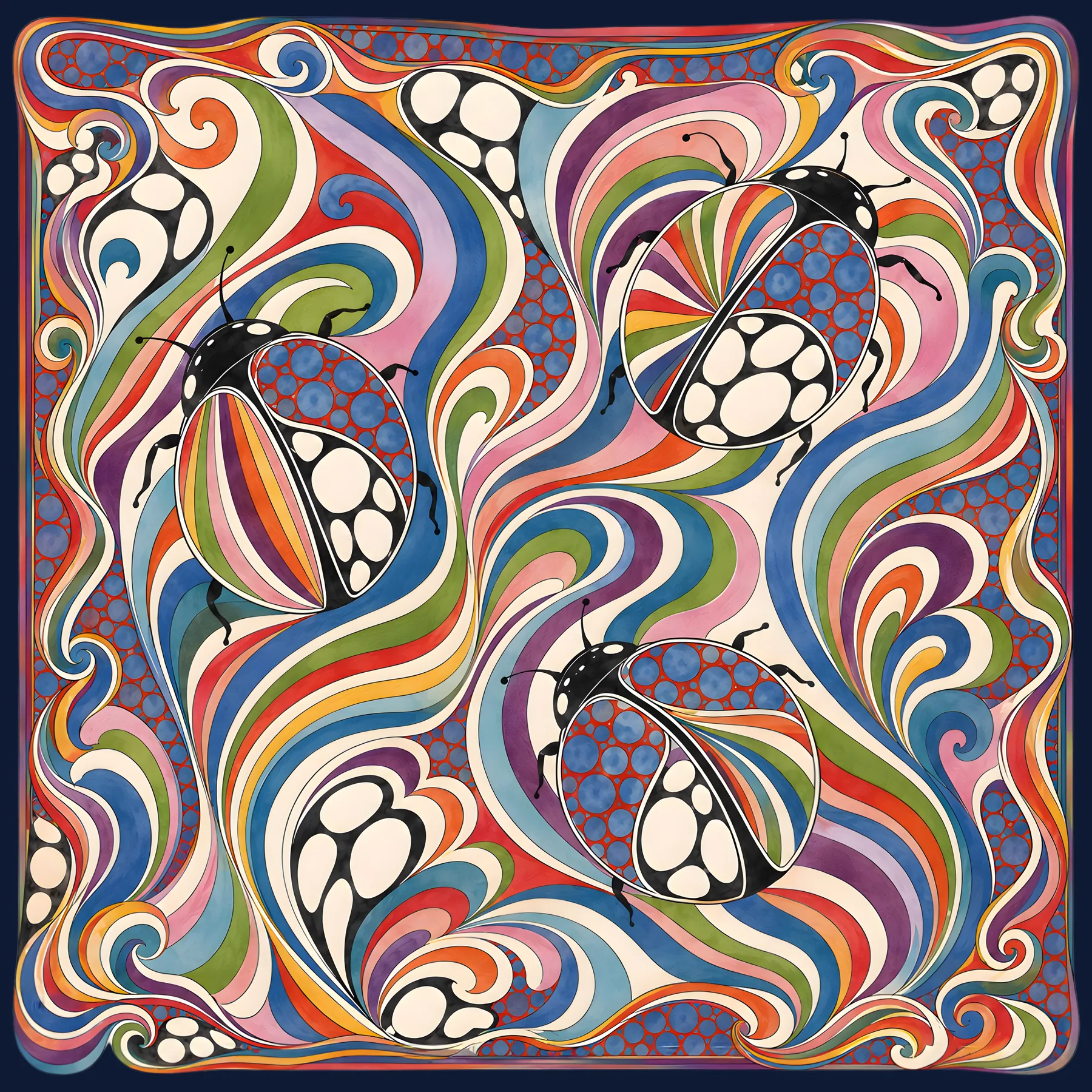 Darcy signature scarf pattern with hand-painted ladybugs.